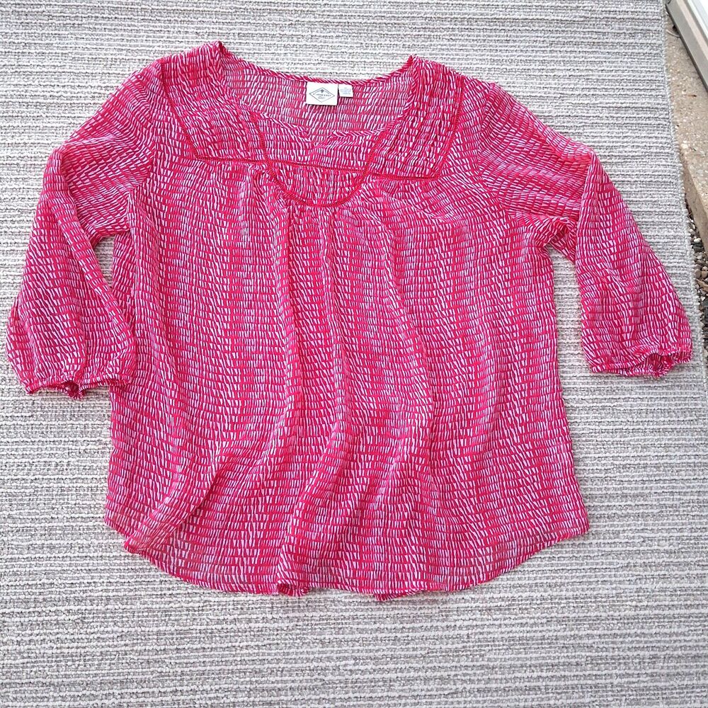 St. John's Bay Womens 1X Pink White Geometric Print Blouse 3/4 Sleeve Scoop